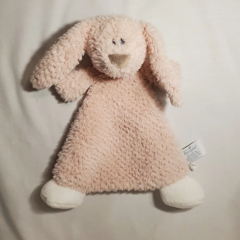 Demdaco Nat & Jules Plush Bunny‎ Rabbit Lovey Pink White Security Blanket